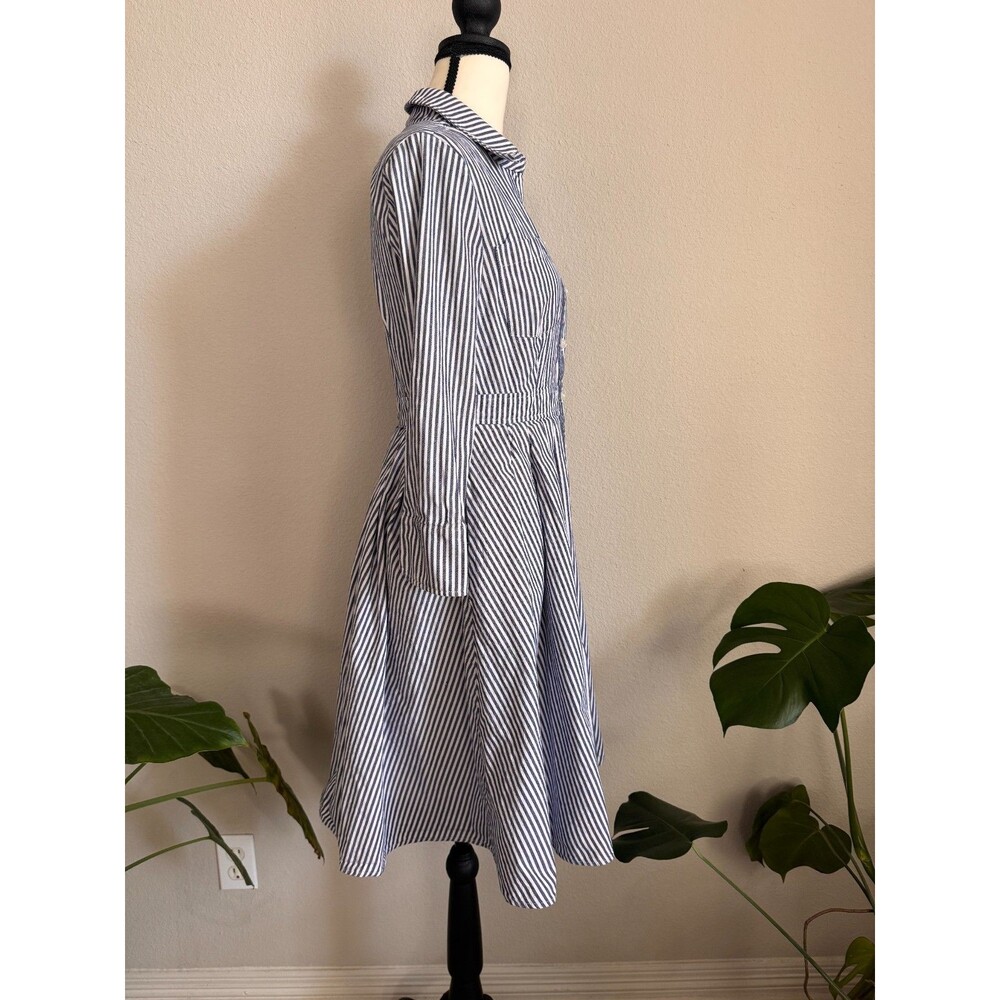 Eliza J Blue White Striped Shirt Dress 100% Cotton Button Front Size 4 Pockets - Picture 2 of 12